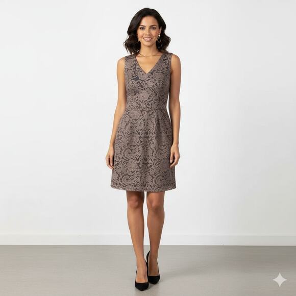 Monteau Womens Floral Lace Dress V-Neck Pleated A-Line Skater Lined Sleeveless M - Picture 1 of 14